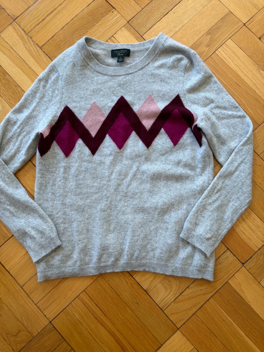100% Cashmere Crewneck Sweater Charter Club Light Gray Pink Diamond Pattern Sz L